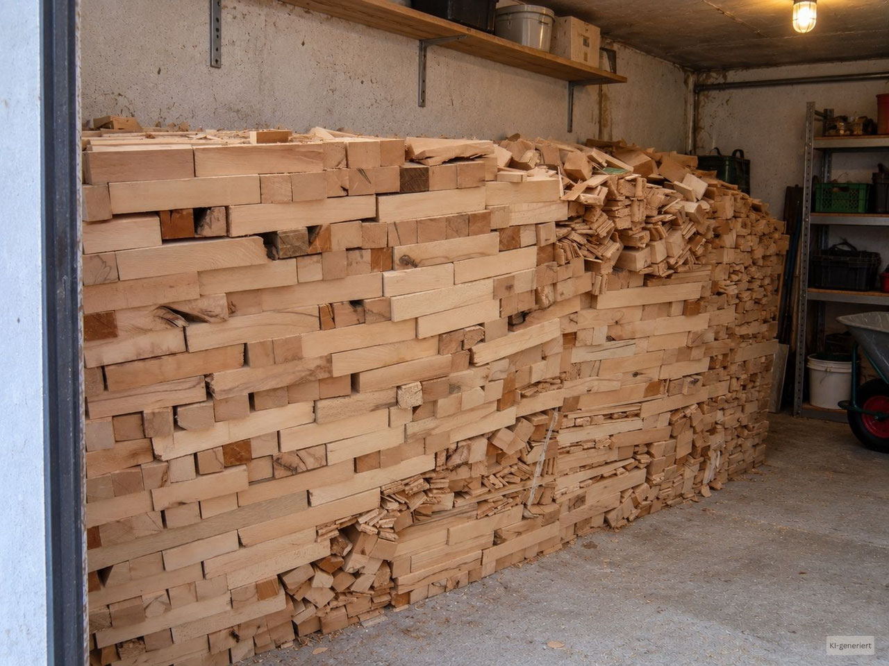 Kammergetrocknetes Industrieholz platzsparend wie ein Mauerwerk gestapelt - Brennholzhandel Vey